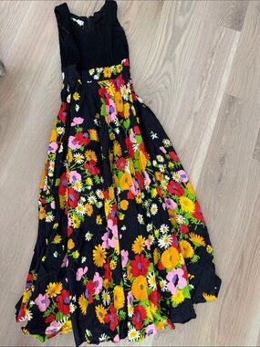 Vintage Carlette 1970’s Black Floral Maxi Dress with Smocked Bodice